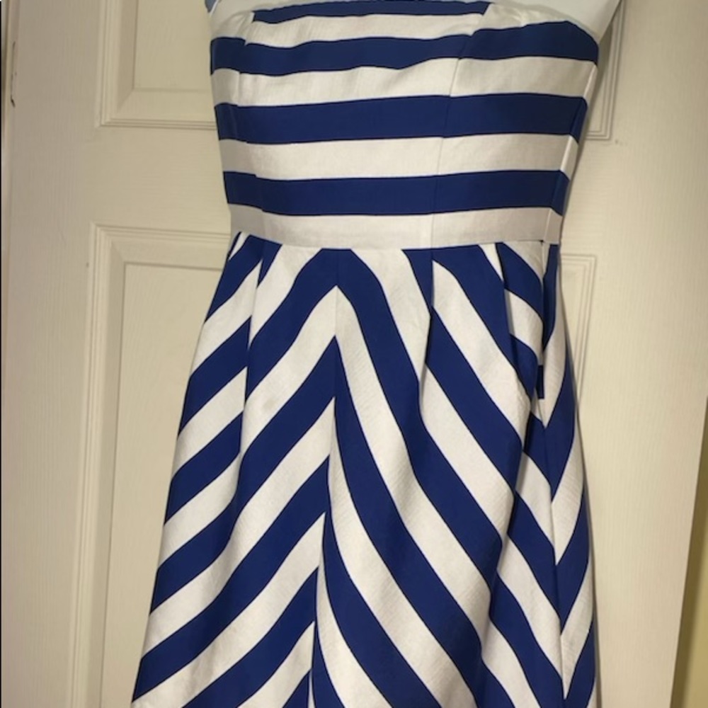 Blue White Striped Strapless Cocktail Dress